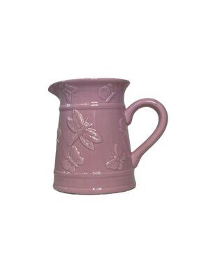 Ceramic Pitcher Vase Purple embossed Butterflies and Dragonflies 6”